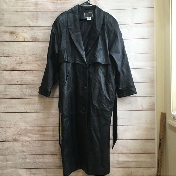 VINTAGE LIZ BAKER ESSENTIALS BLACK LEATHER FULL LENGTH TRENCH COAT - Picture 2 of 12